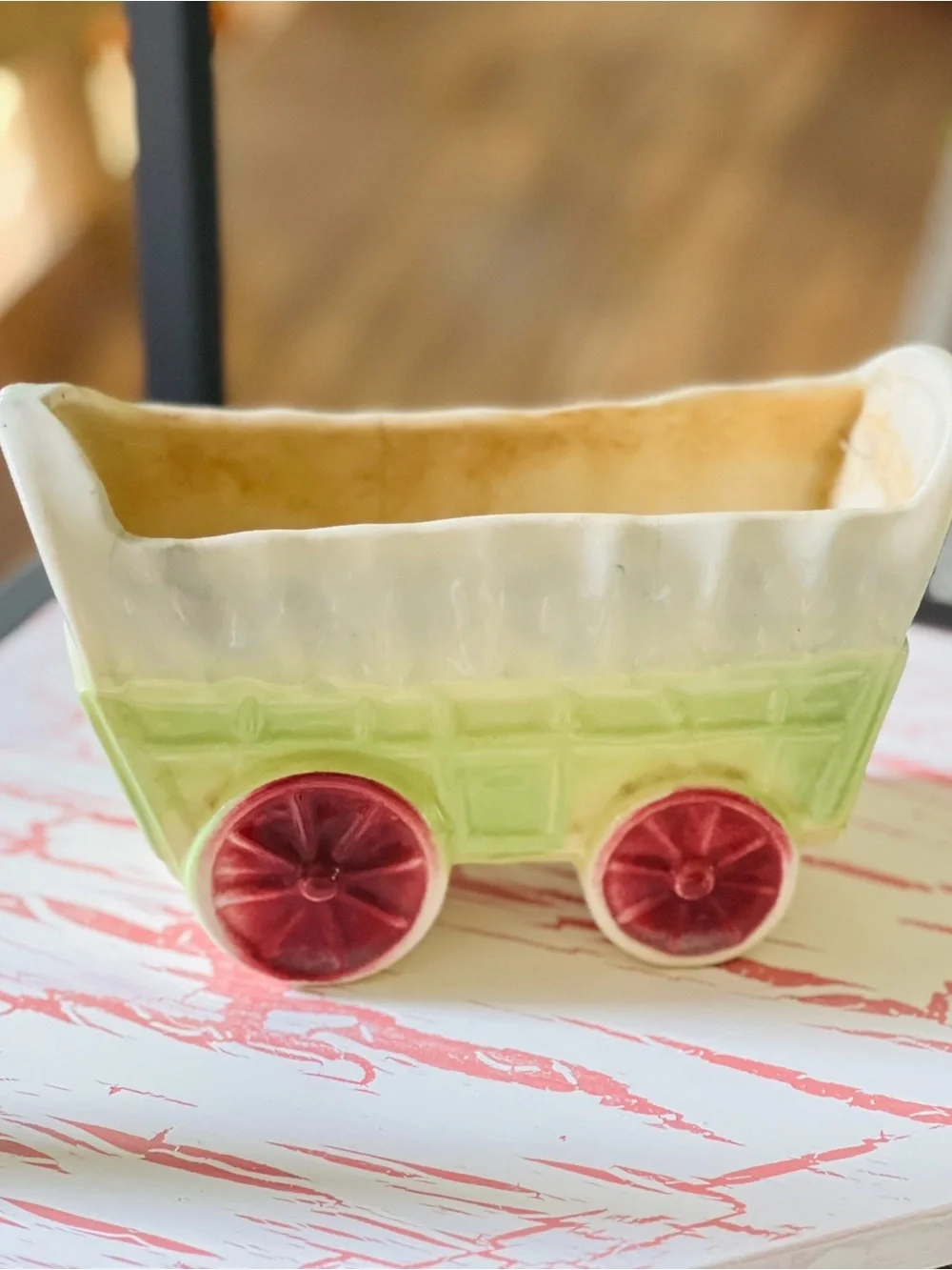 Vintage Ceramic Wagon Planter Cottagecore Farmhouse Succulent Planter